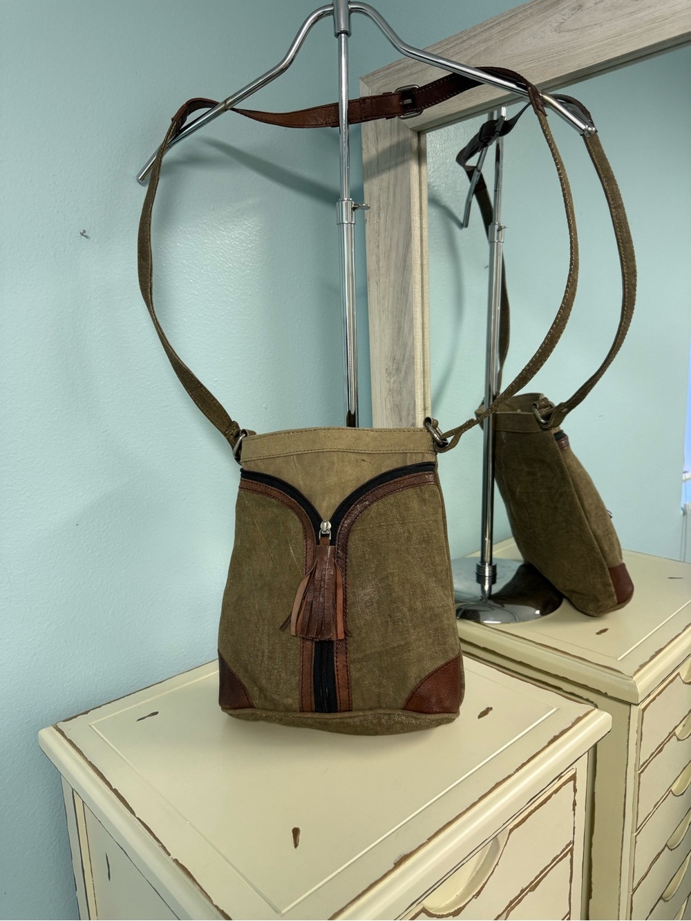 Mona B Waxed Canvas Crossbody Bag Leather Trim Tassel Boho Brown